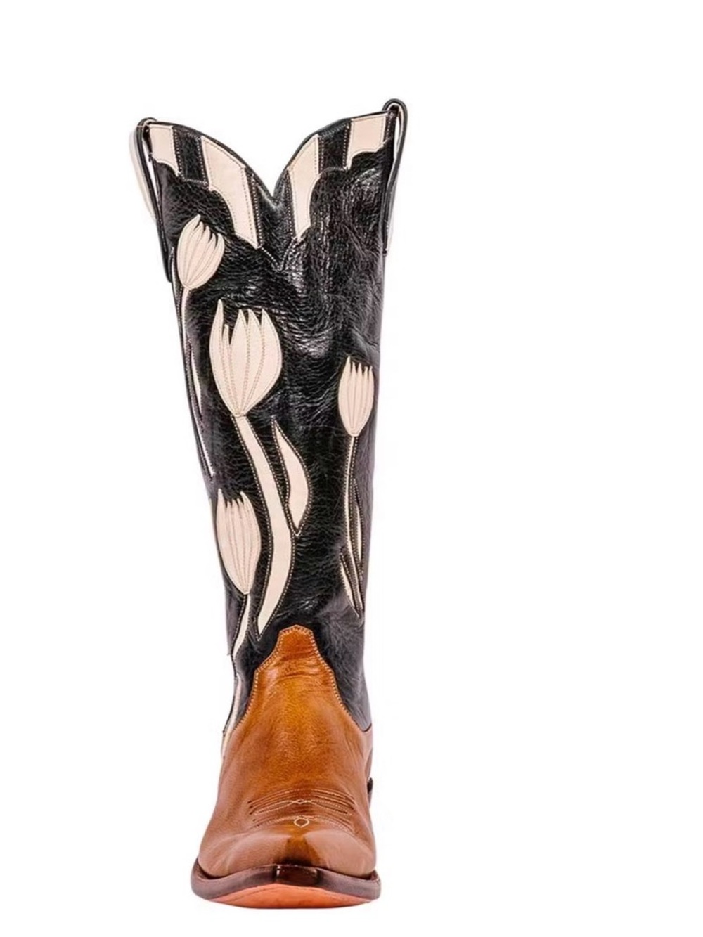 Classic Two-Tone Tulip Embroidered Women's Cowboy Boots - Black & Brown - Picture 2 of 5